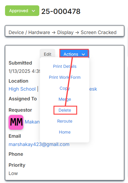 Actions drop-down with Delete highlighted